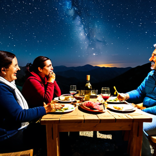 A group of adult travelers, fully clothed in modest outdoor attire, enjoying an authentic Spanish dinner outdoors under a breathtaking clear night sky. The Milky Way is clearly visible above them in a designated "Starlight" certified region of Spain, like Sierra Morena or Gredos. They are seated at a rustic wooden table laden with local delicacies such as Jamón Ibérico, artisanal cheeses, and a bottle of local wine. A small telescope stands nearby, hinting at the astronomical experience. The scene conveys a sense of wonder and connection to nature and culture. Natural pose, perfect anatomy, correct proportions, well-formed hands, proper finger count, natural body proportions. Professional photography, high quality, vibrant colors, soft lighting, safe for work, appropriate content, fully clothed, family-friendly.