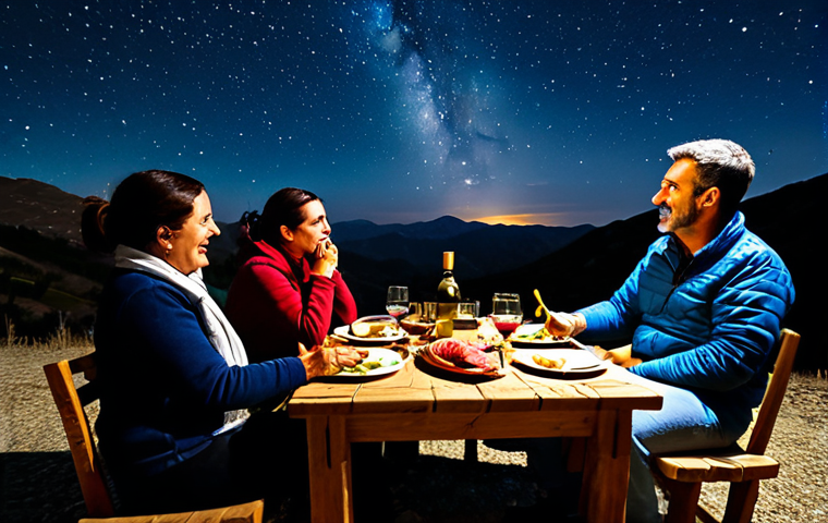 A group of adult travelers, fully clothed in modest outdoor attire, enjoying an authentic Spanish dinner outdoors under a breathtaking clear night sky. The Milky Way is clearly visible above them in a designated "Starlight" certified region of Spain, like Sierra Morena or Gredos. They are seated at a rustic wooden table laden with local delicacies such as Jamón Ibérico, artisanal cheeses, and a bottle of local wine. A small telescope stands nearby, hinting at the astronomical experience. The scene conveys a sense of wonder and connection to nature and culture. Natural pose, perfect anatomy, correct proportions, well-formed hands, proper finger count, natural body proportions. Professional photography, high quality, vibrant colors, soft lighting, safe for work, appropriate content, fully clothed, family-friendly.