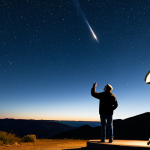 A professional astronomer, fully clothed in modest, practical outdoor attire, stands under a clear, star-filled night sky at a remote observatory. They are gesturing towards the sky with one hand, engaging a small, diverse group of visitors who are listening intently. A large astronomical telescope is visible in the background. The scene conveys a sense of wonder and educational discovery. Safe for work, appropriate content, professional, perfect anatomy, correct proportions, natural pose, well-formed hands, proper finger count, natural body proportions, high-quality professional photography.