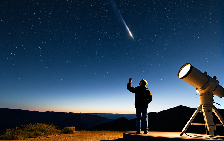 A professional astronomer, fully clothed in modest, practical outdoor attire, stands under a clear, star-filled night sky at a remote observatory. They are gesturing towards the sky with one hand, engaging a small, diverse group of visitors who are listening intently. A large astronomical telescope is visible in the background. The scene conveys a sense of wonder and educational discovery. Safe for work, appropriate content, professional, perfect anatomy, correct proportions, natural pose, well-formed hands, proper finger count, natural body proportions, high-quality professional photography.