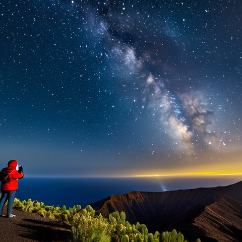Stargazing in La Palma, Canary Islands**

"A woman in appropriate attire, fully clothed in warm layers, looks up at a breathtaking view of the Milky Way over the volcanic landscape of La Palma, Canary Islands. Telescopes are subtly visible in the background.  Star trails are gently present in the night sky. Perfect anatomy, correct proportions, natural pose. Dramatic lighting, professional photography, high quality, safe for work, appropriate content, professional, modest, family-friendly."

**