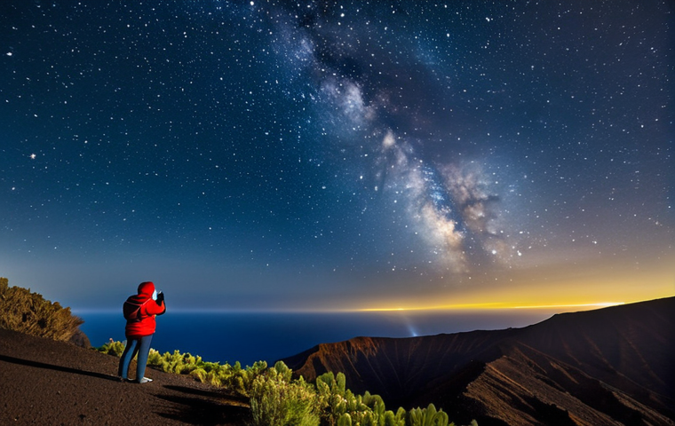 Stargazing in La Palma, Canary Islands**

"A woman in appropriate attire, fully clothed in warm layers, looks up at a breathtaking view of the Milky Way over the volcanic landscape of La Palma, Canary Islands. Telescopes are subtly visible in the background.  Star trails are gently present in the night sky. Perfect anatomy, correct proportions, natural pose. Dramatic lighting, professional photography, high quality, safe for work, appropriate content, professional, modest, family-friendly."

**