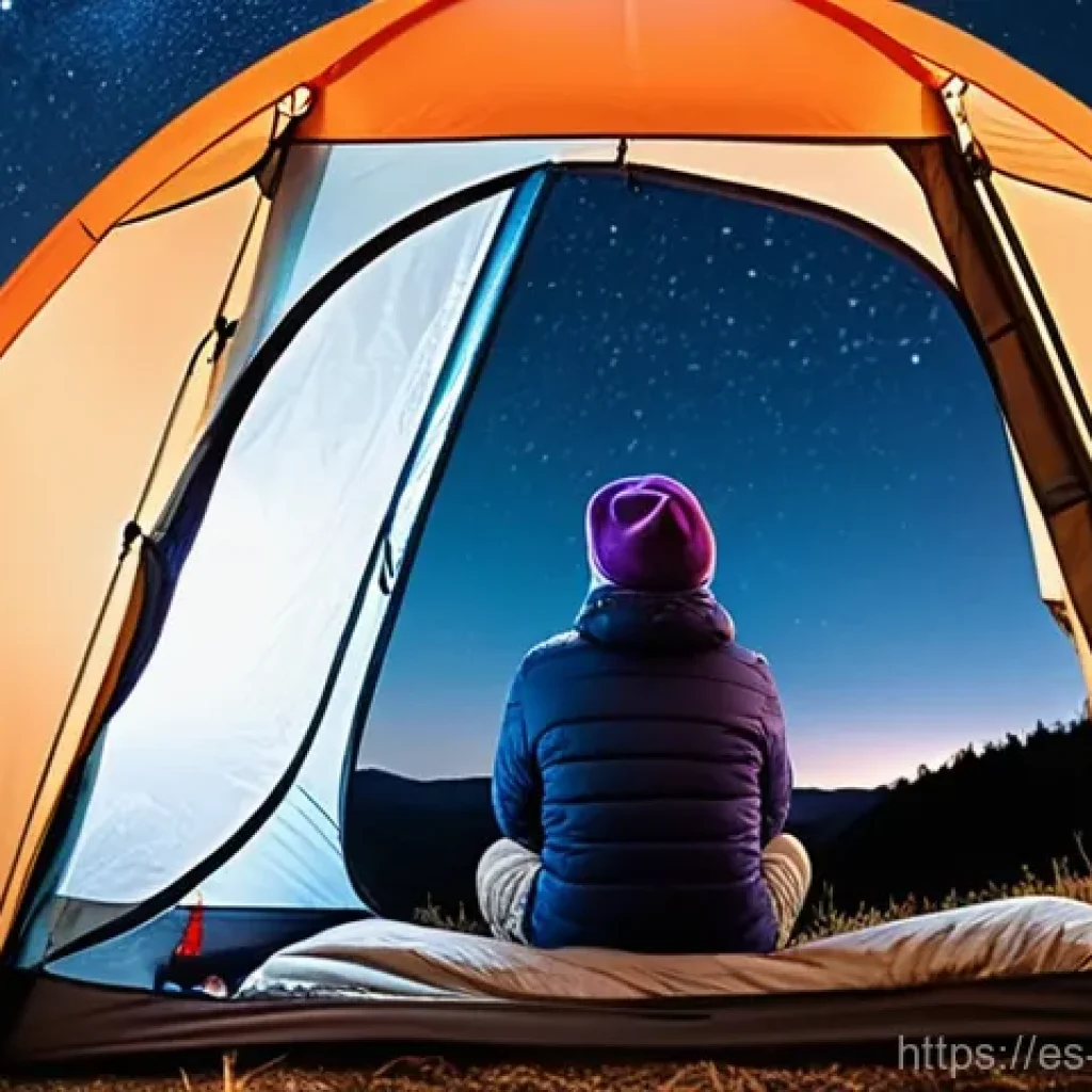 별빛 아래의 캠핑 경험 - **Prompt:** A cozy, lightweight camping tent, illuminated from within by a warm, soft glow, set up o...