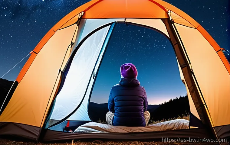 별빛 아래의 캠핑 경험 - **Prompt:** A cozy, lightweight camping tent, illuminated from within by a warm, soft glow, set up o...