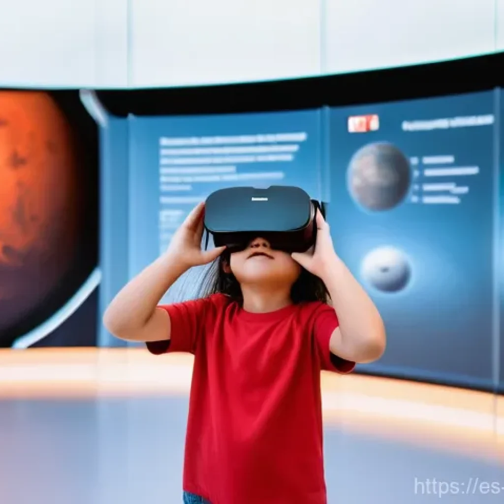 우주 과학 전시와의 협력 방안 - **Immersive Martian Exploration through VR**
    A wide shot of a futuristic, brightly lit science m...