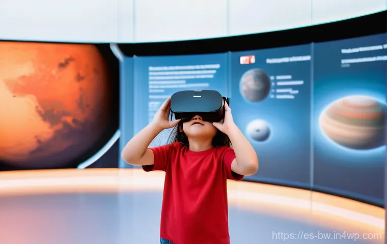 우주 과학 전시와의 협력 방안 - **Immersive Martian Exploration through VR**
    A wide shot of a futuristic, brightly lit science m...