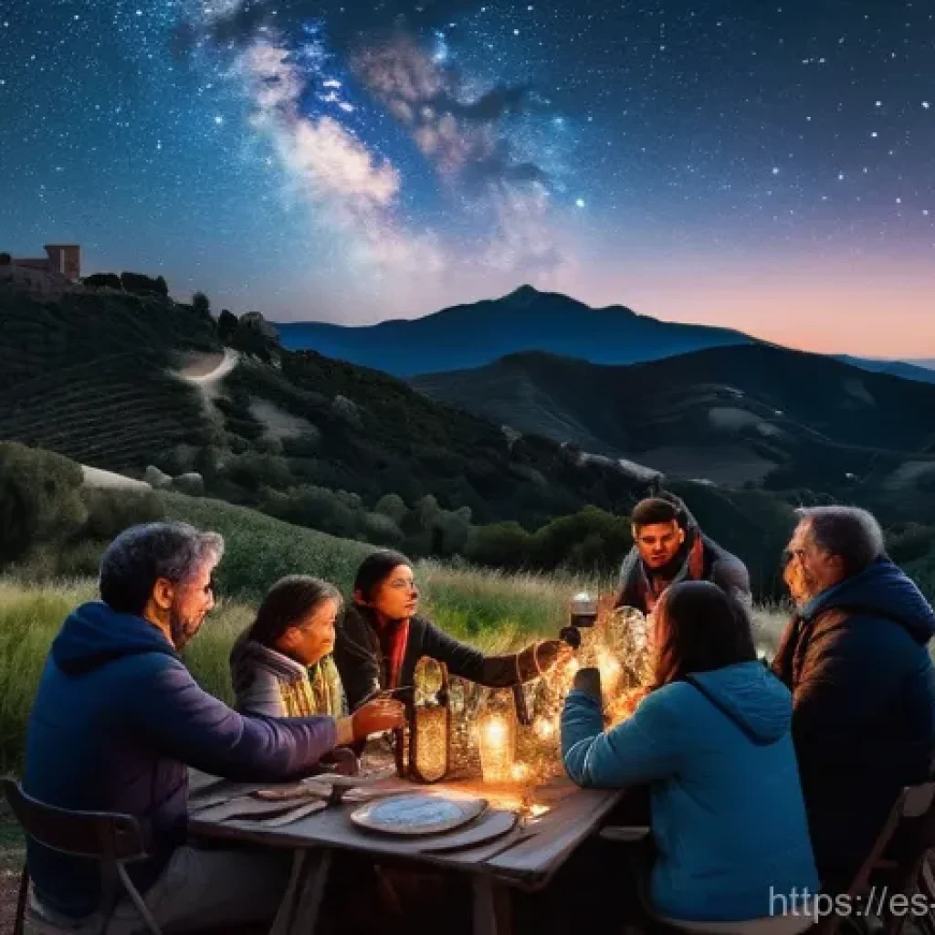 천문 관광의 팬층 확대 전략 - **Prompt:** A diverse group of friends and families, warmly dressed, enjoying a guided night hike un...
