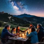 천문 관광의 팬층 확대 전략 - **Prompt:** A diverse group of friends and families, warmly dressed, enjoying a guided night hike un...