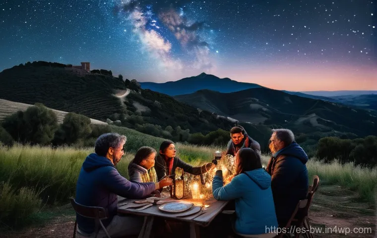 천문 관광의 팬층 확대 전략 - **Prompt:** A diverse group of friends and families, warmly dressed, enjoying a guided night hike un...