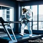 우주 여행 경험을 위한 팁 - An astronaut in a modern, flexible space suit training inside a high-tech gym designed for spaceflig...