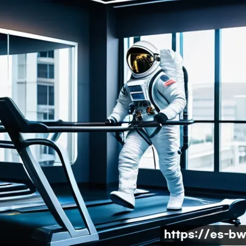우주 여행 경험을 위한 팁 - An astronaut in a modern, flexible space suit training inside a high-tech gym designed for spaceflig...