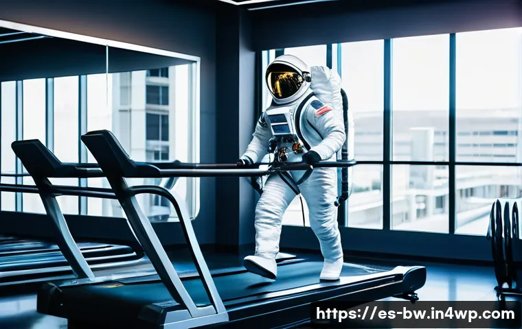 우주 여행 경험을 위한 팁 - An astronaut in a modern, flexible space suit training inside a high-tech gym designed for spaceflig...
