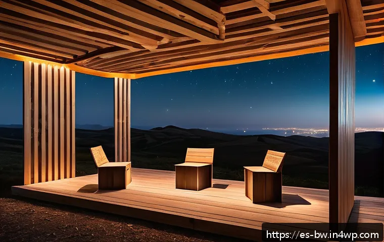 천문 관광을 위한 야외 시설 구축 - A serene nighttime astronomical observation space in rural Spain, featuring ergonomic wooden and alu...
