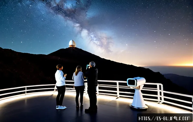 천문 관광과 기술 혁신의 융합 - Photorealistic nighttime astronomical tourism scene in Spain’s Teide National Park, a diverse group ...